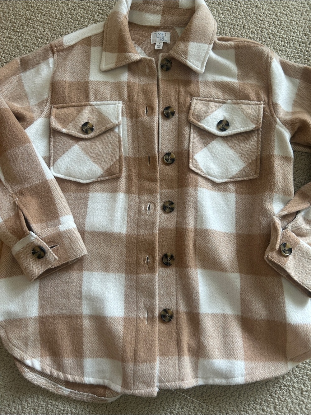 Time and Tru Tan and White Plaid Button-Up Shacket